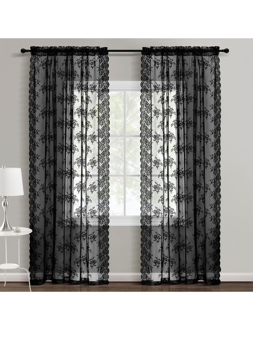 Black Lace Sheer Curtain Panels - Elegant Window Drapery